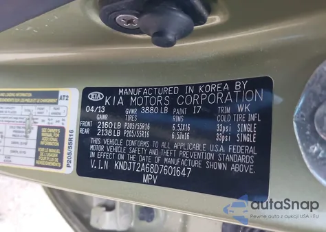 2013 Kia Soul + from USA, damaged, VIN KNDJT2A68D7601647